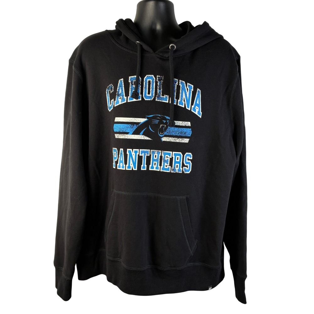 47 Brand Carolina Panthers NFL Hoodie Mens XXL Black Distressed Graphic Pullover